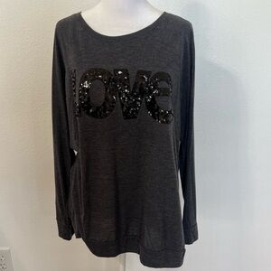 Style & Co Women’s Long Sleeve Gray Top with LOVE in Black Sequins.